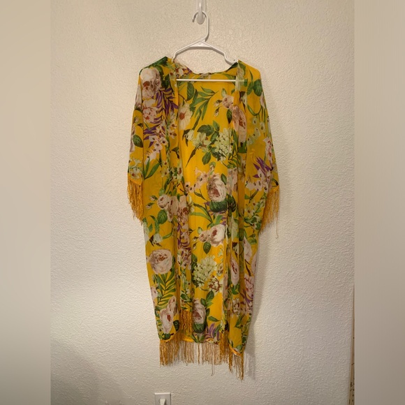 Women’s Yellow Floral Open Front Boho Hippie Fribged Kimono Cover Up M - Picture 2 of 5